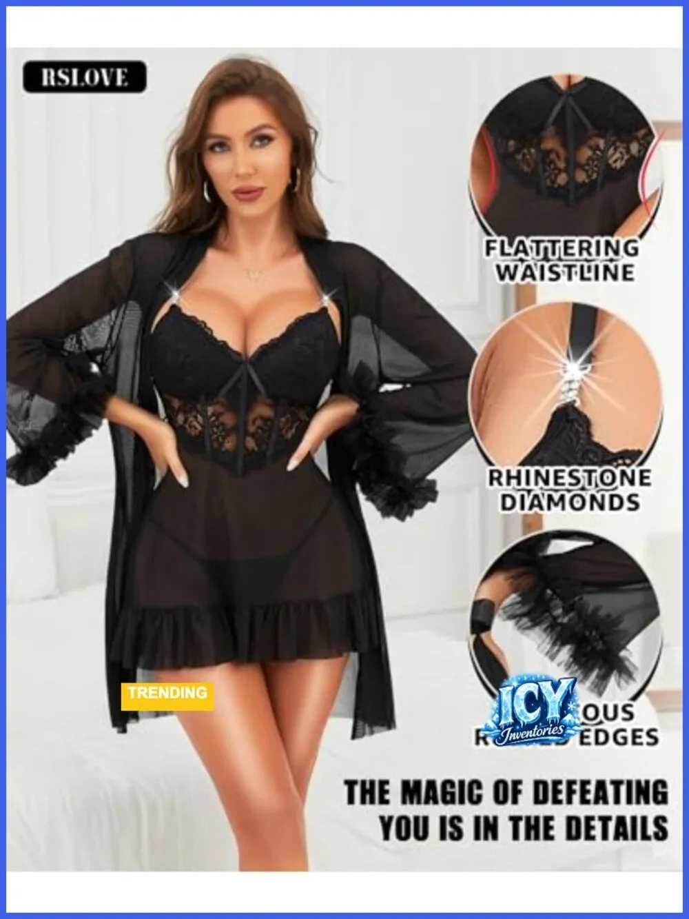 Sexy 2 Piece Babydoll & Lace Robe Set Mesh Nightgown with Rhinestone Straps